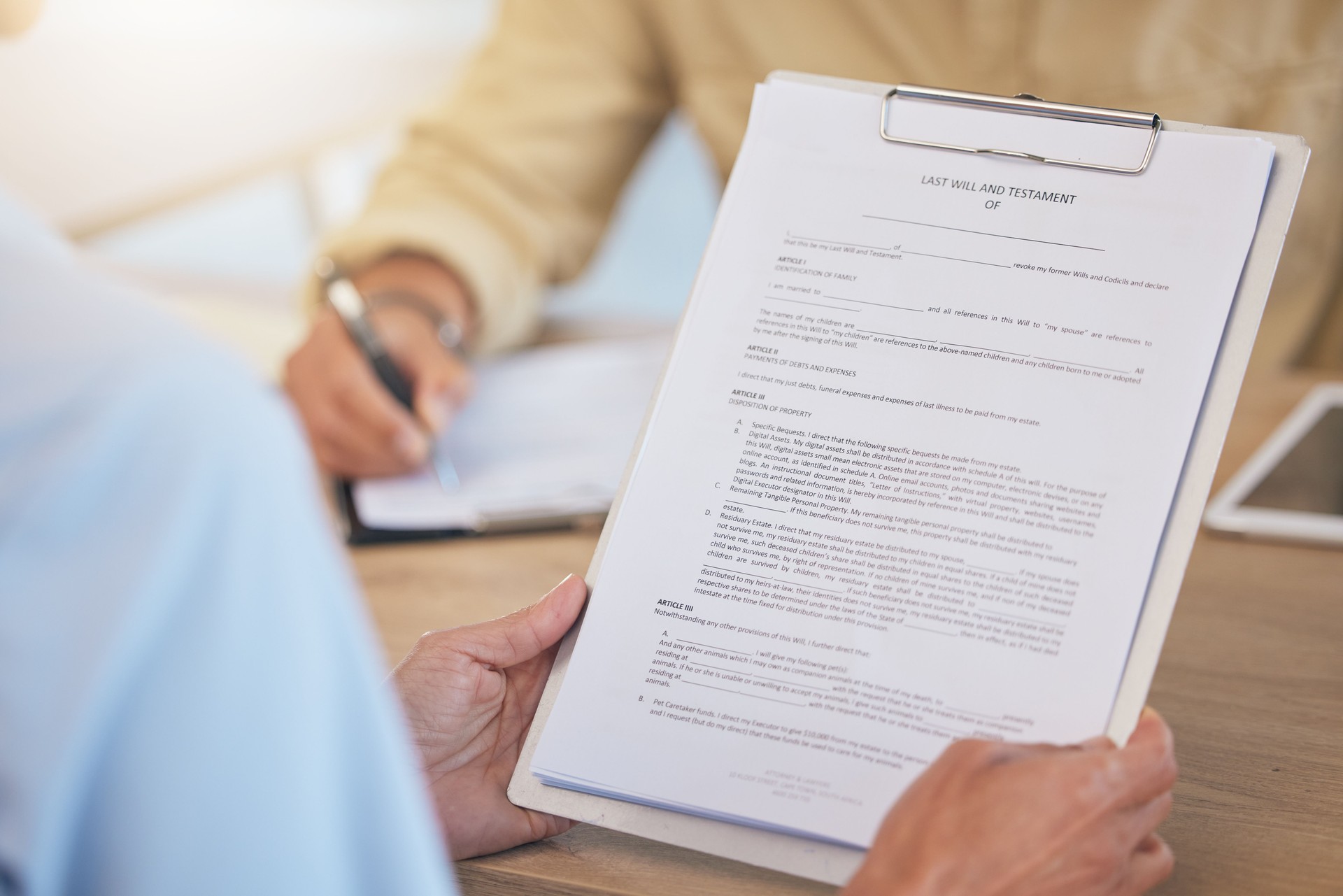 Contract, last will and testament with life insurance, legal document and clipboard in hands with agreement. Compliance with safety and security in retirement or death, reading and sign paperwork