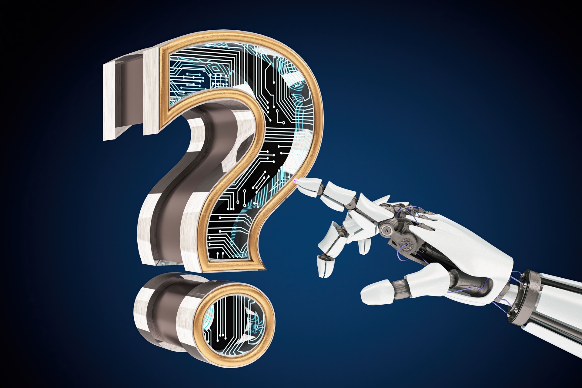 Unknown Facts of AI. Robot's Hand Touching Question Mark